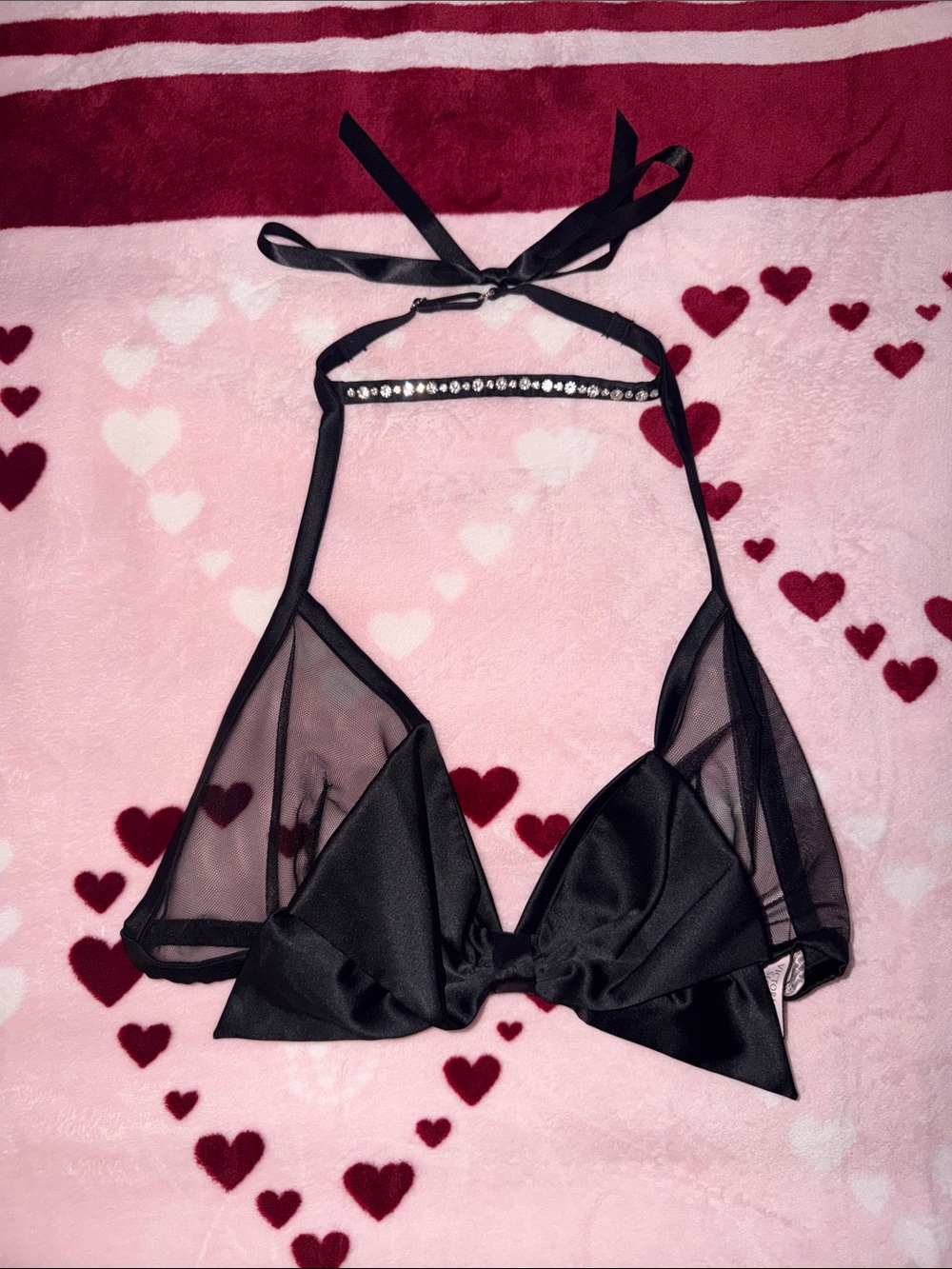 Victoria's Secret Black Mesh & Satin Halter Bralette with Rhinestone Bar